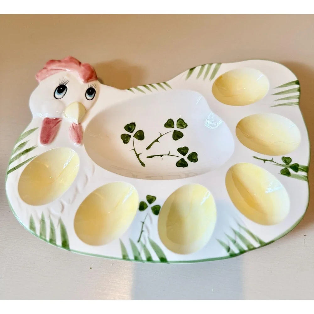 Vintage Chicken Deviled Egg Plate Shamrocks | Egg Platter | Retro St. Patrick's